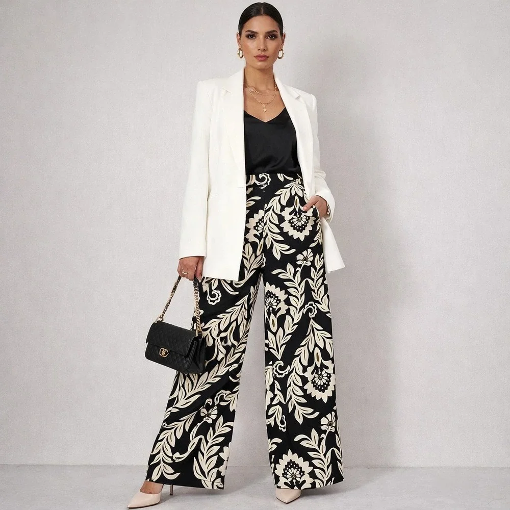 New Christian Siriano Wide Leg High Waisted Trouser Black Cream Olive Green Boho - Picture 2 of 14
